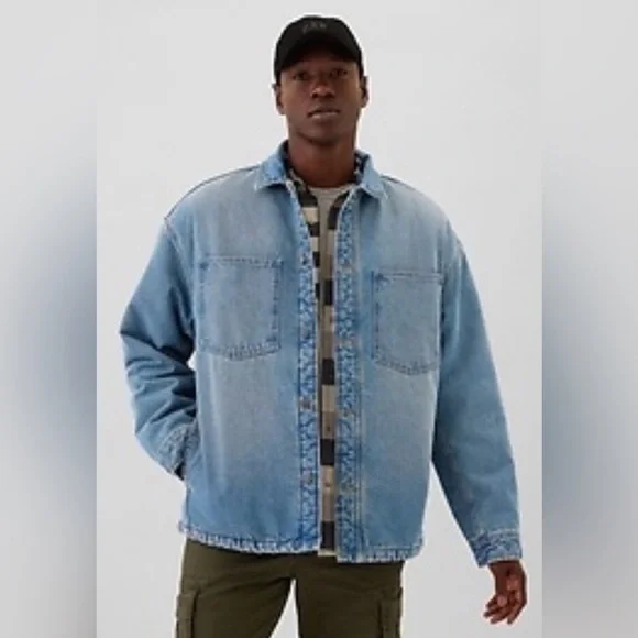 Gap Relaxed Denim Chore Barn Sherpa-Lined Jacket Coat Shacket NWOT L Fall